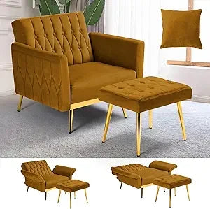 Velvet Accent Chair with Adjustable Armrests Tufted Back and Ottoman