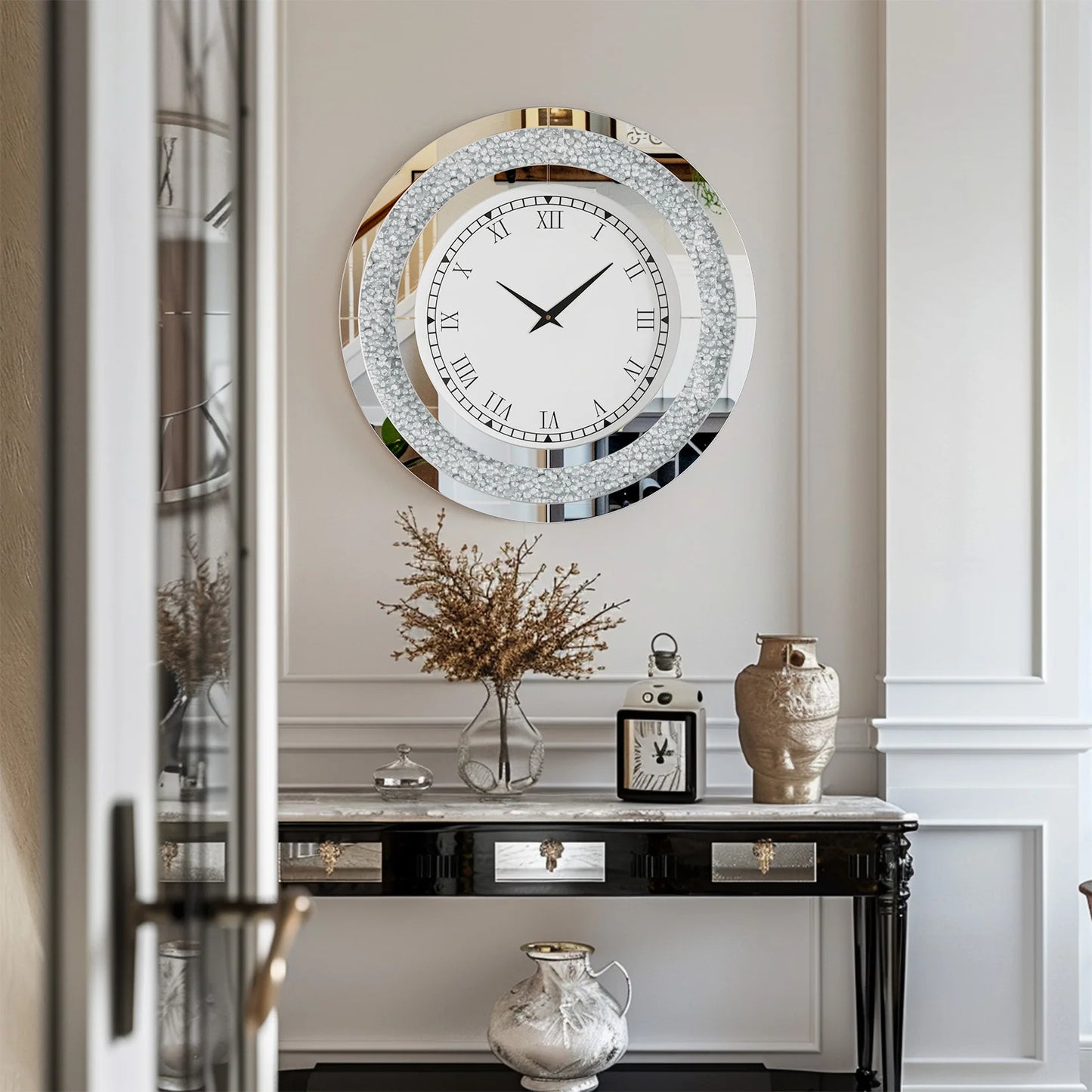 Round Mirror Wall Clock For Living Room Decor Elegant