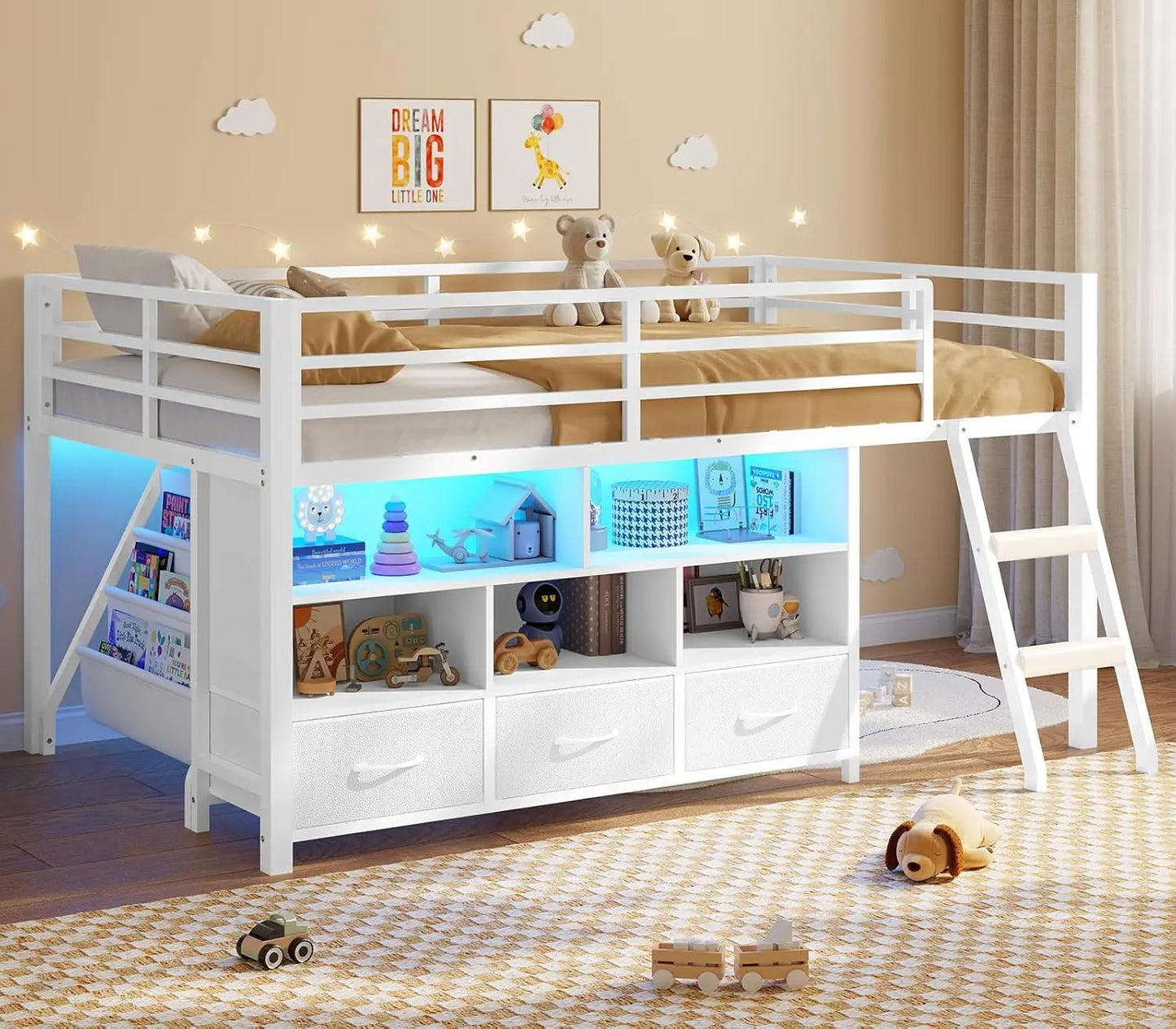Low Loft Metal Bed 3 Drawers Bookshelf LED Guardrail