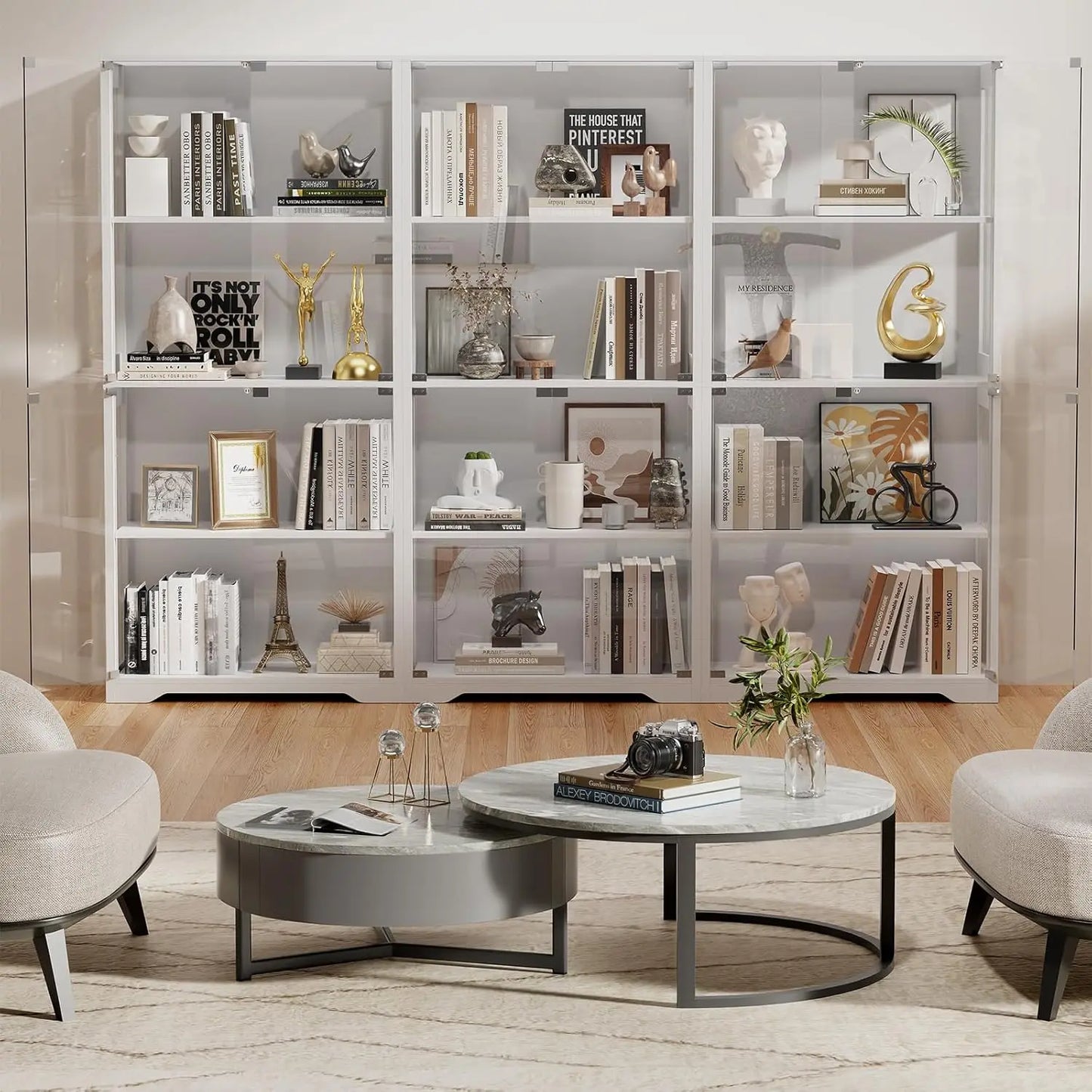 XMSJ Glass Display Cabinet With 4 Tier Curio Shelves And LED Lighting For Collectibles