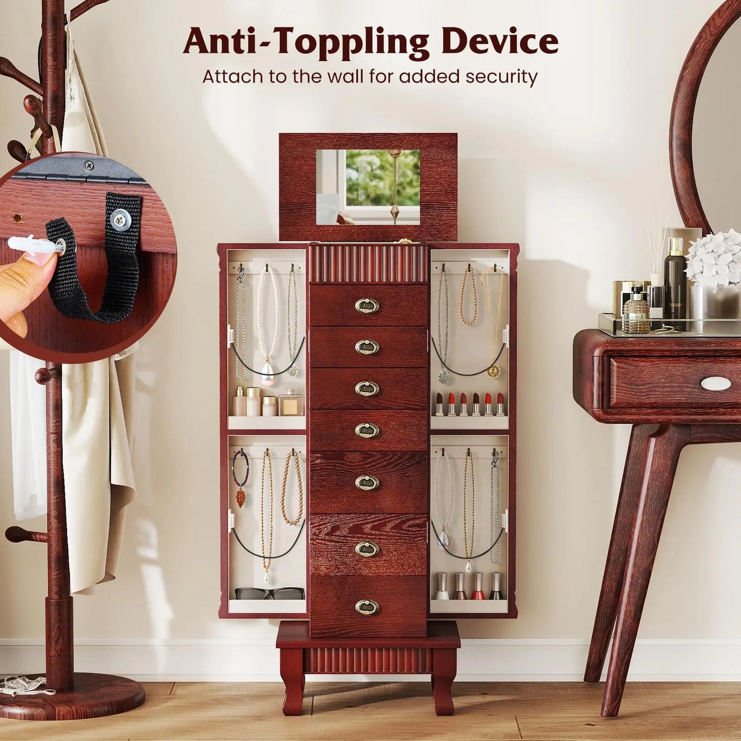 Standing Jewelry Armoire With Mirror Seven Drawers Wooden Cabinet