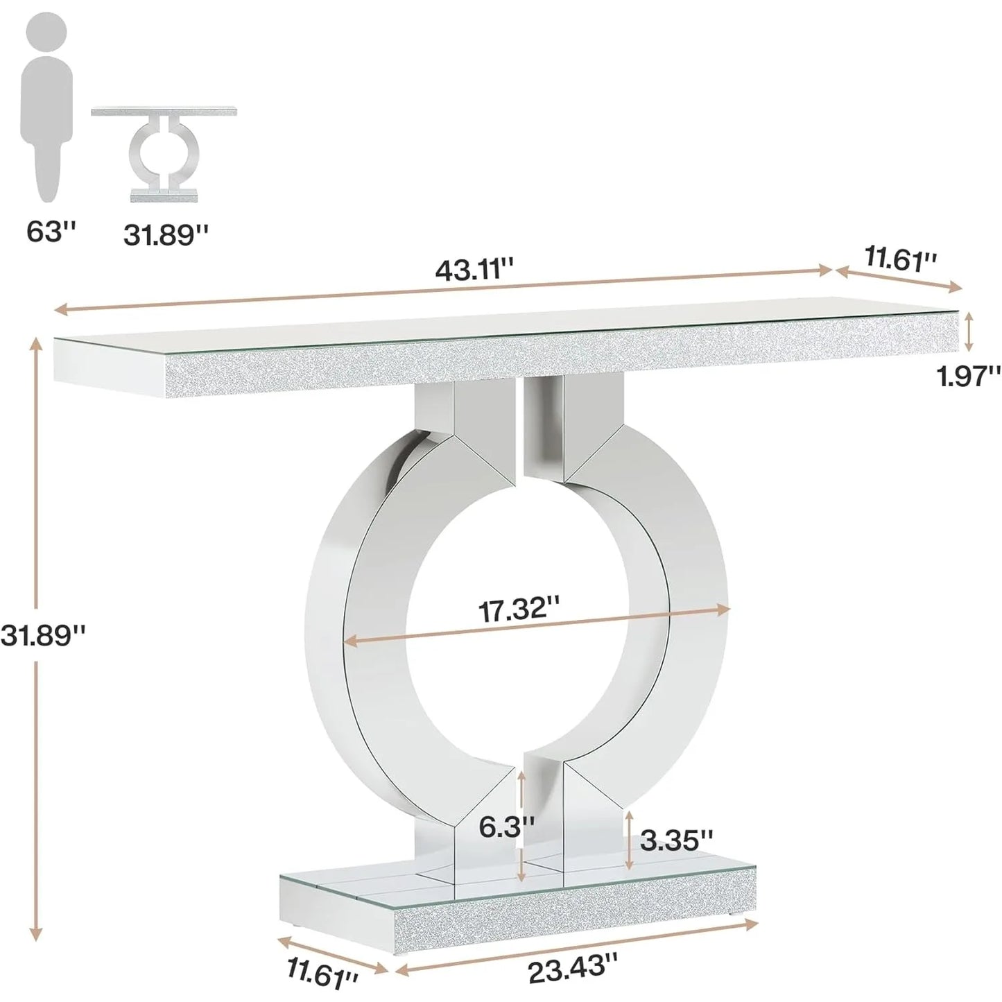 Modern Mirrored Console Table with O-Shaped Base for Entryway or Living Room