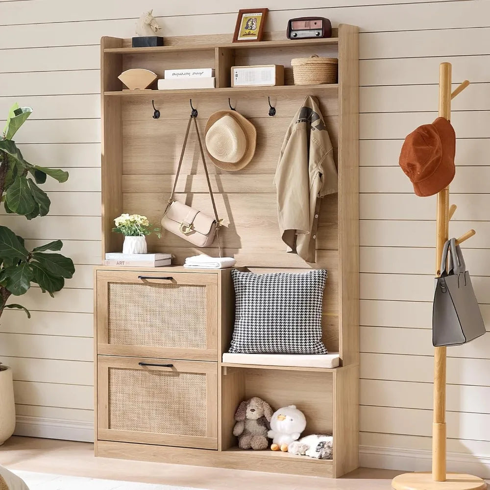 Boho Hall Tree With Bench And Shoe Storage Mudroom Oak Finish