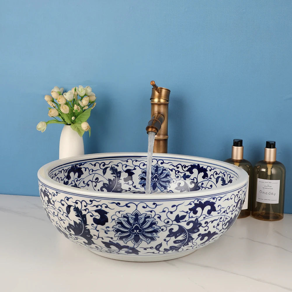 ZAPPO Round Ceramic Bathroom Vessel Sink Faucet Combo Set
