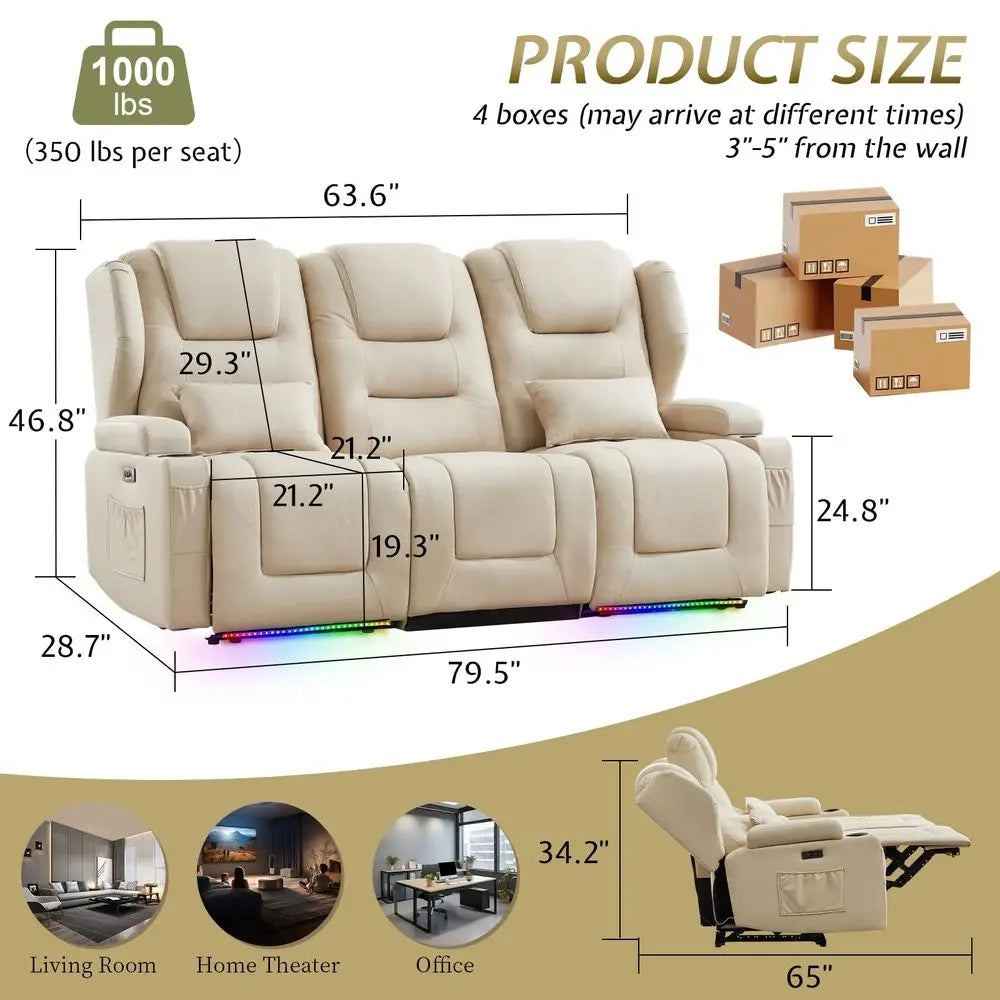 Power Loveseat Recliner Sofa With Adjustable Back LED Lighting