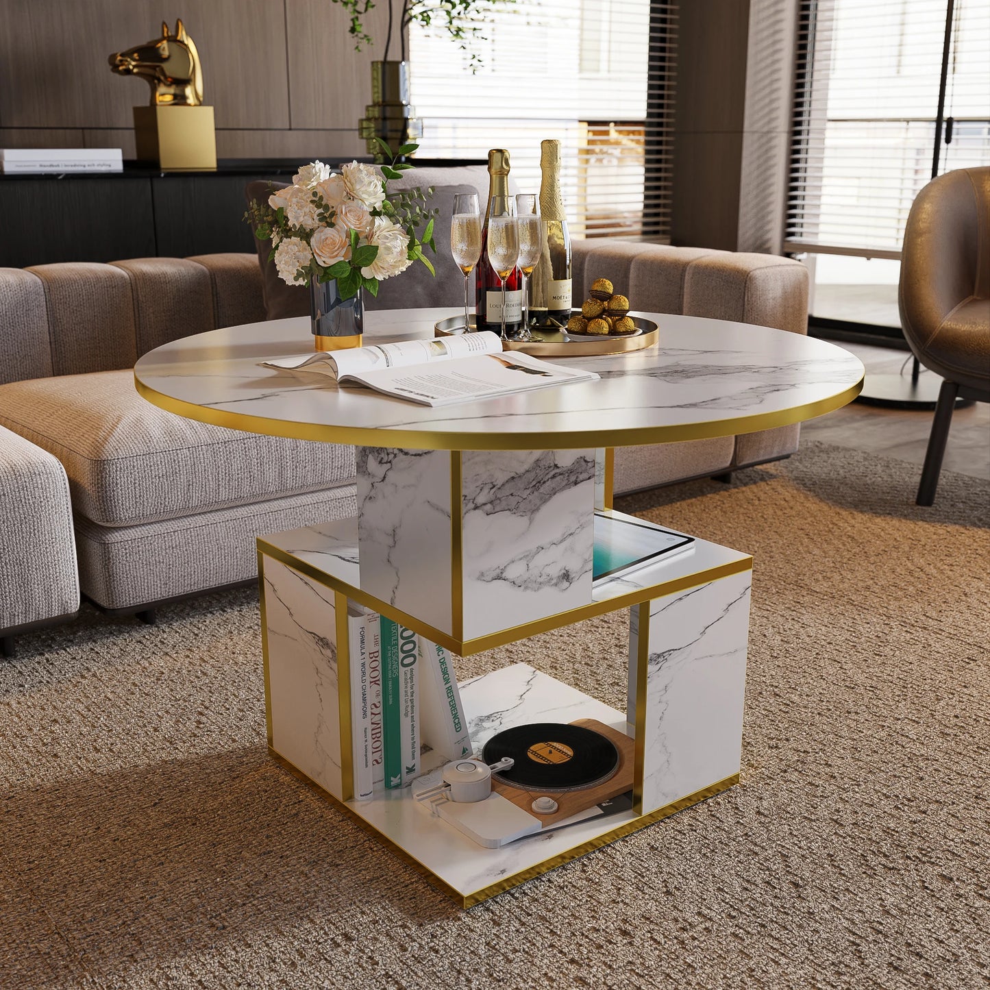 Merronix 3 Tier Round Coffee Table With Storage Modern