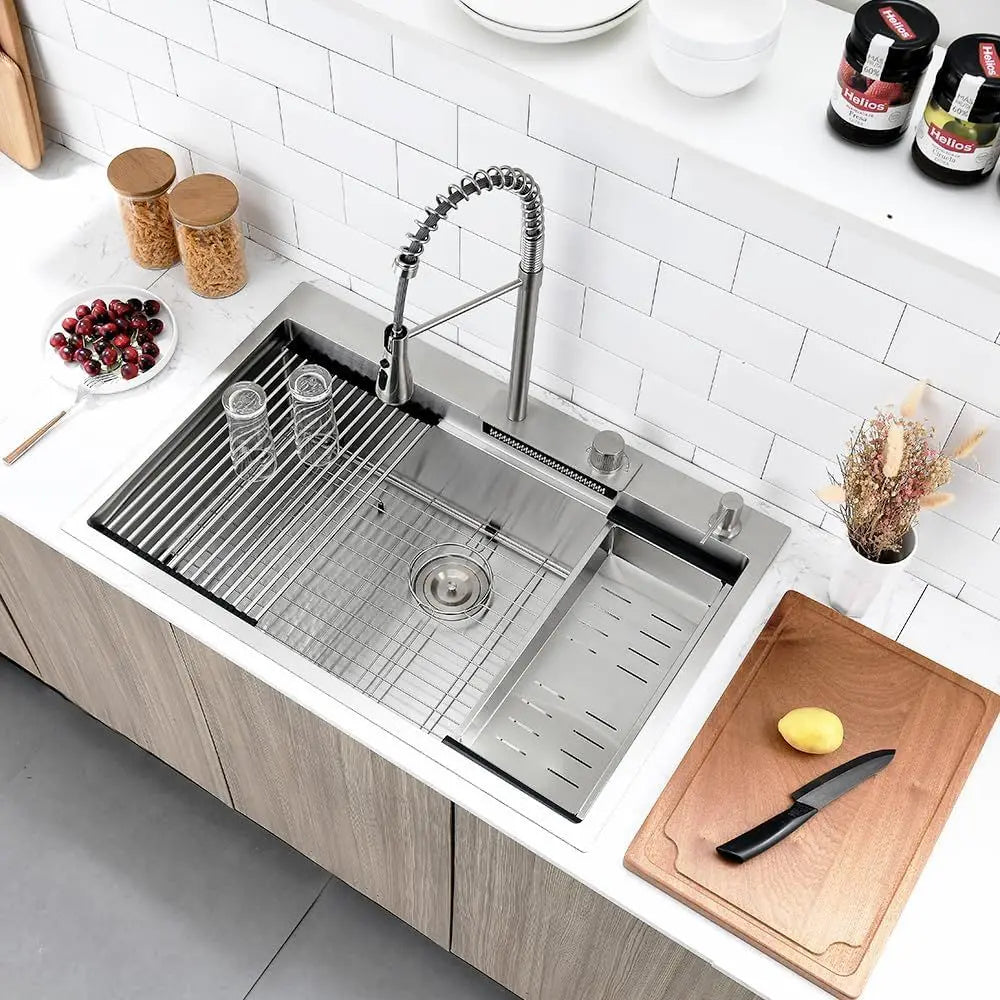 Waterfall Stainless Steel Drop In Kitchen Sink With Faucet Workstation