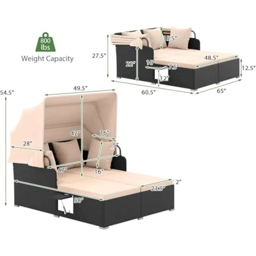 Patio Rattan Daybed With Retractable Canopy Folding Side Tables
