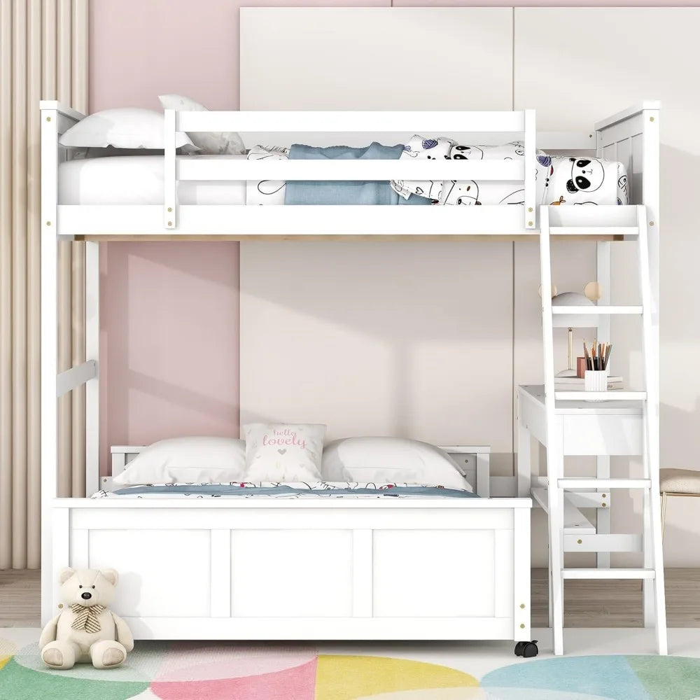 MKDK Solid Wood Bunk Bed With Desk And Storage System