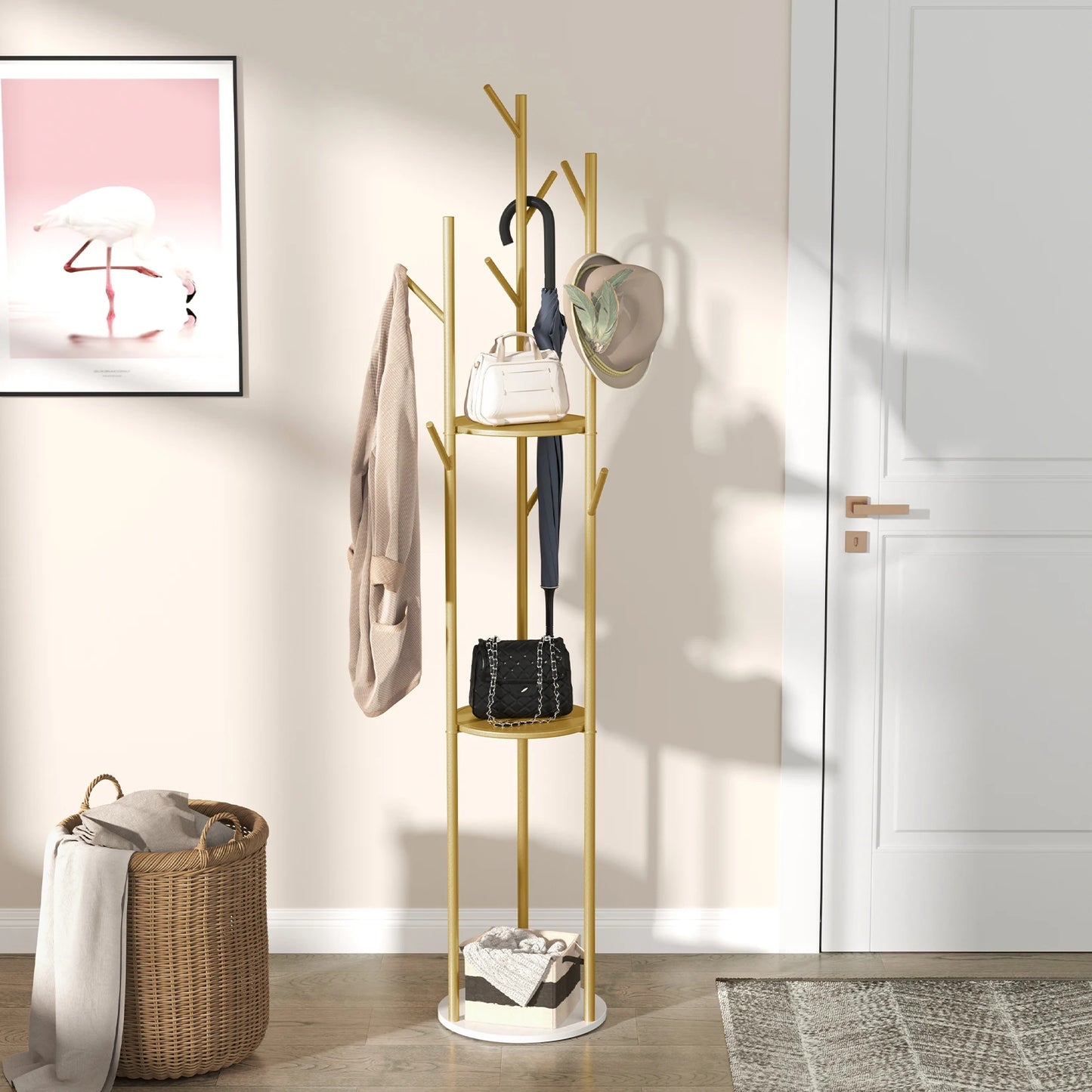 Marble Metal Coat Rack Freestanding with 3 Shelves and 9 Hooks for Entryway