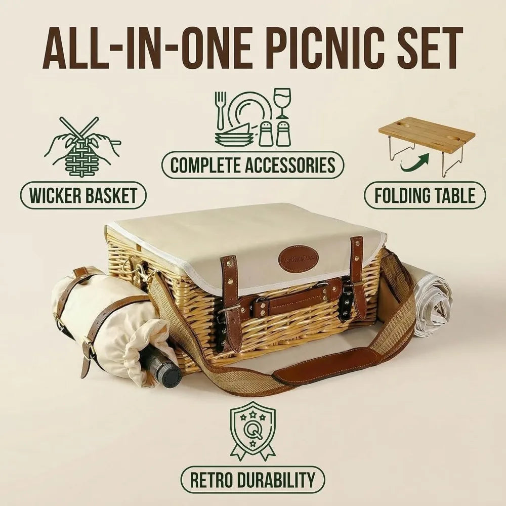 NBVCX Wicker Picnic Basket For Two With Table Blanket Wine Pouch And Tableware