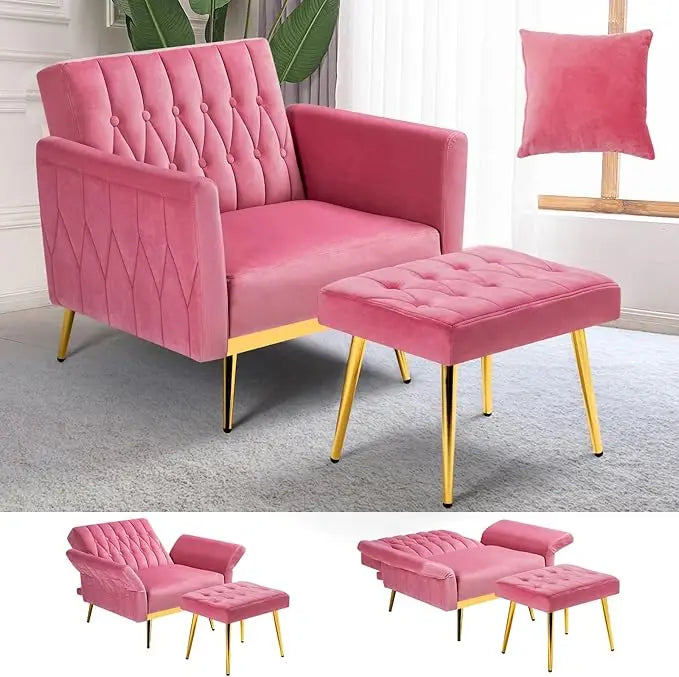 Velvet Accent Chair with Adjustable Armrests Tufted Back and Ottoman