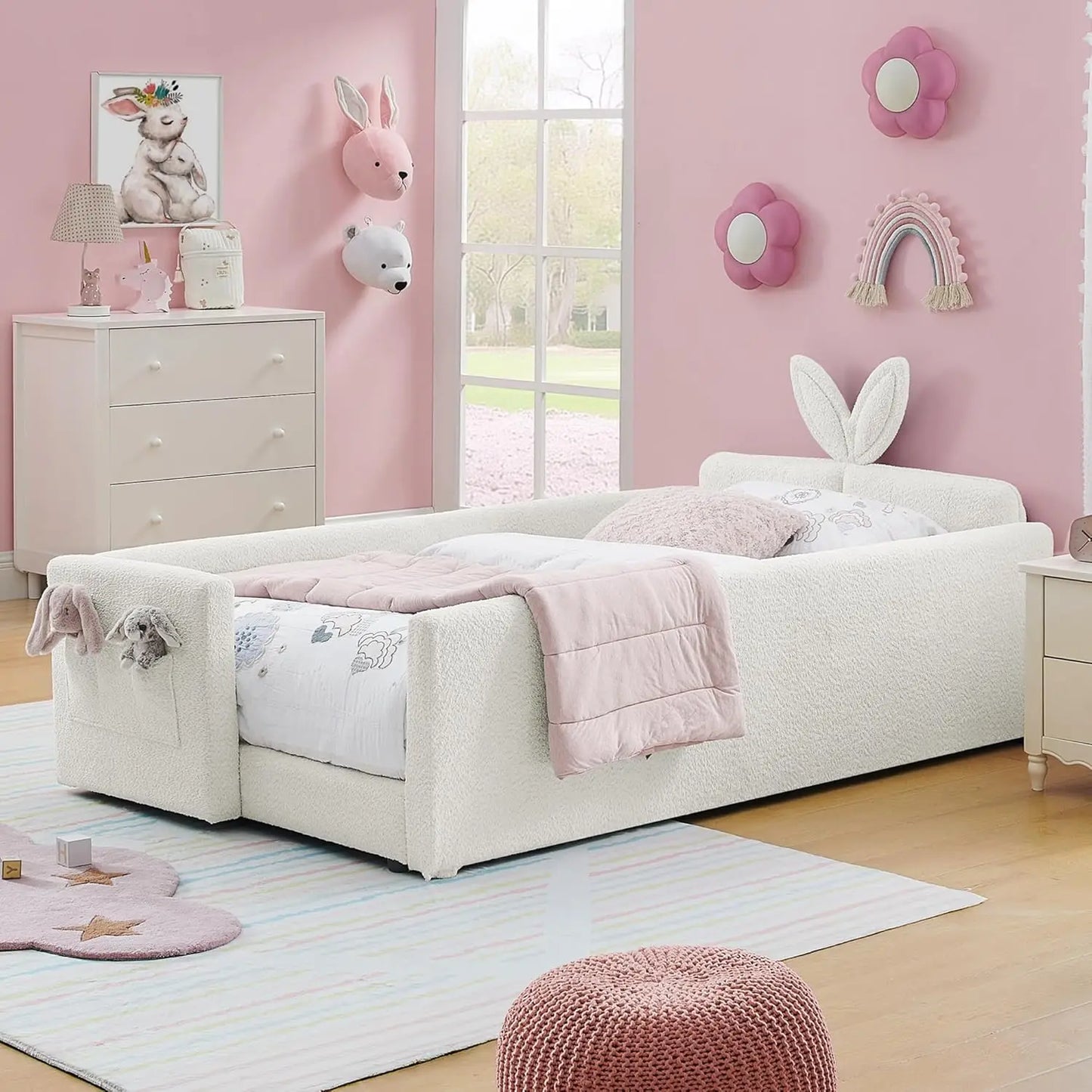 Boucle Upholstered Rabbit Ear Headboard Platform Bed For Kids