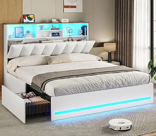 Bed Frame With Bookcase Headboard And Charging Station