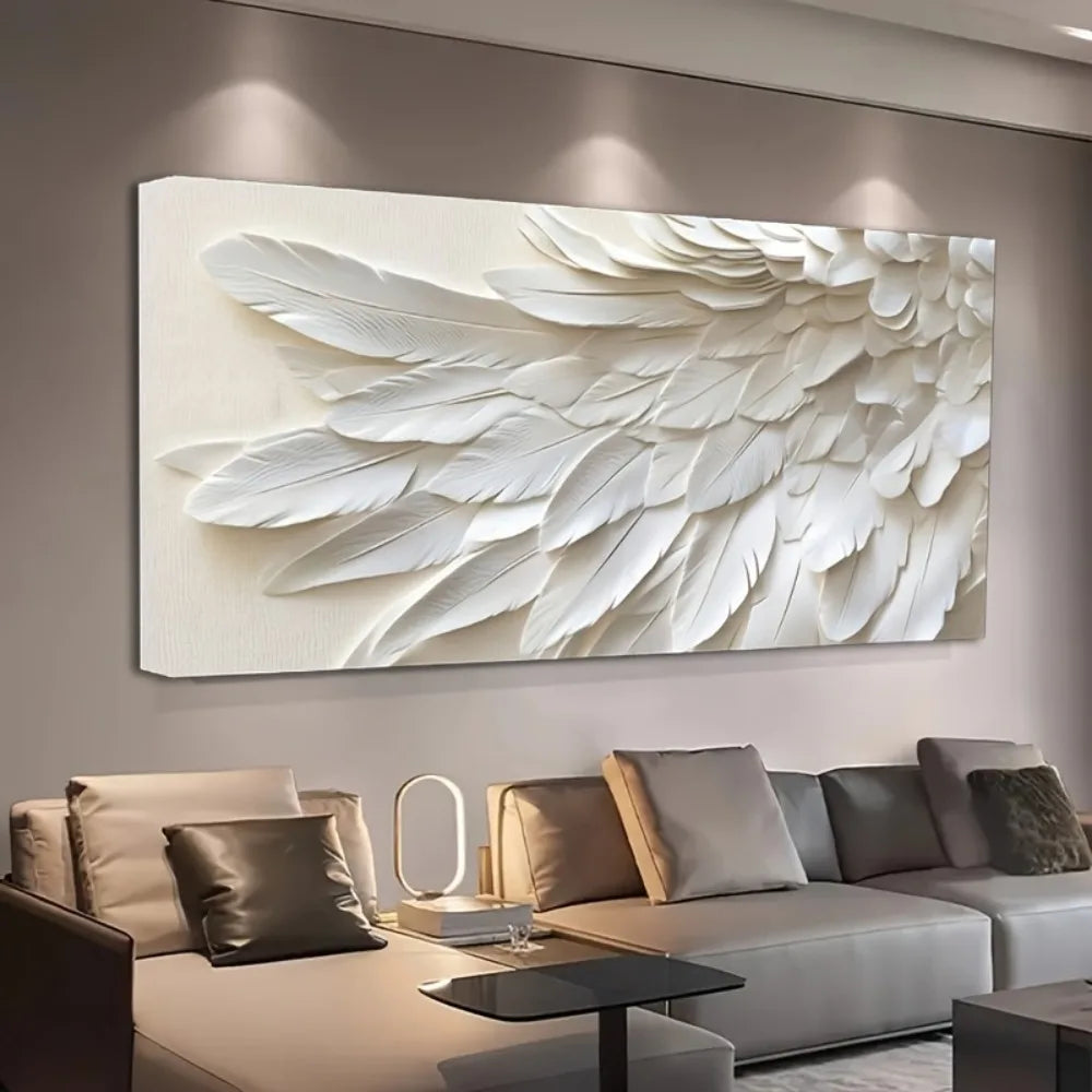 Modern Abstract White Feather Wall Art with Pine Frame for Interior Decoration