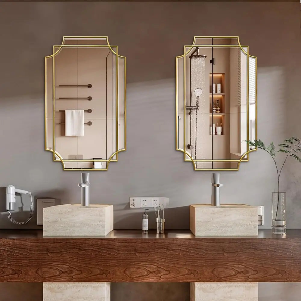 Wooden Frame Bathroom Mirror With Scalloped Beveled Glass