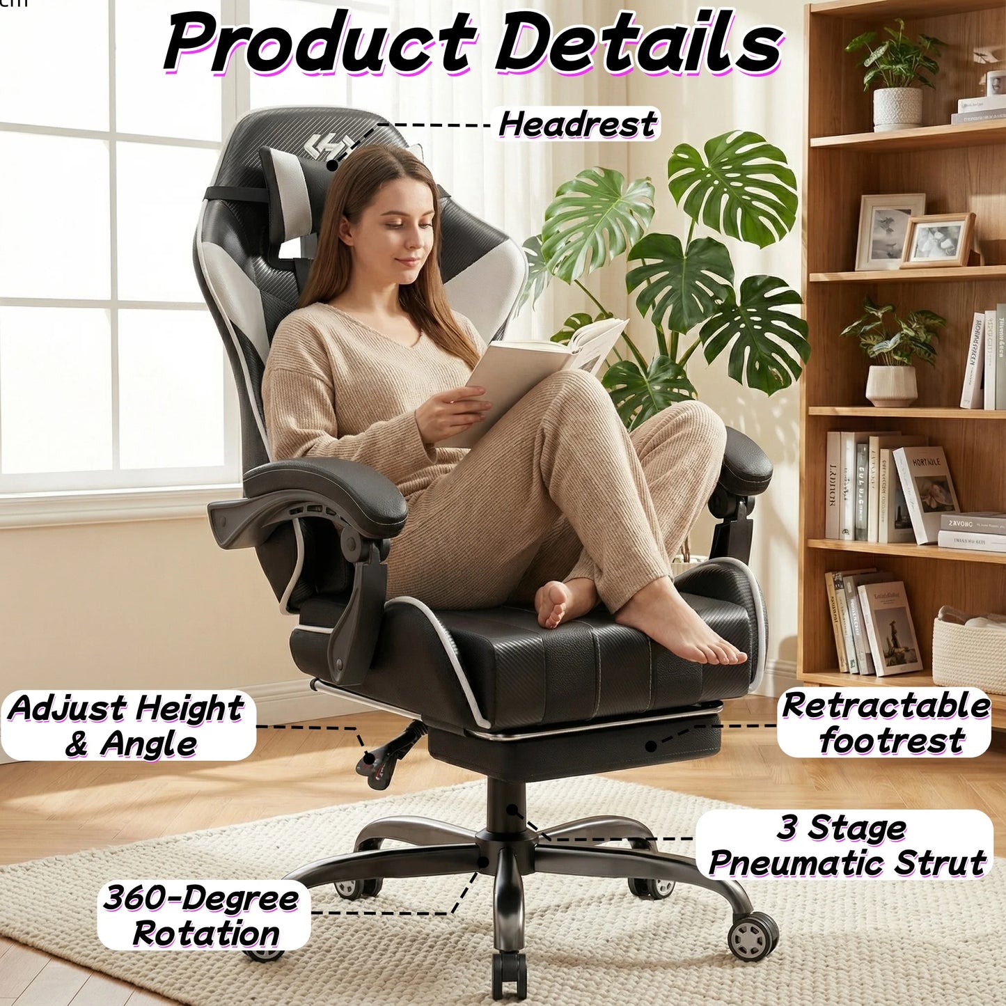 Ergonomic Gaming Chair With Lumbar Massage And Adjustable Headrest