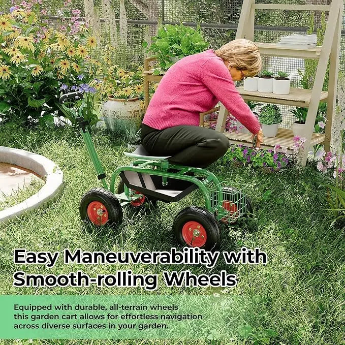 Garden Rolling Stool With Wheels Steering Handle 360 Swivel