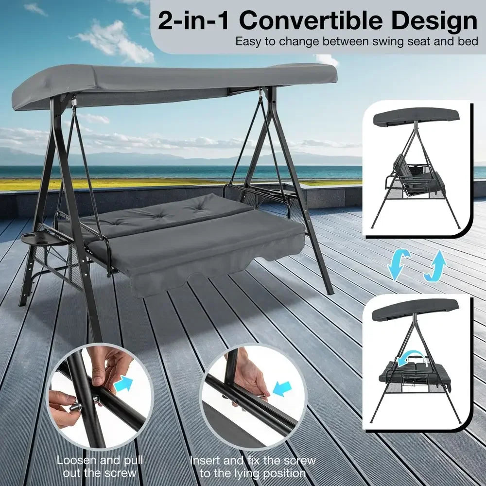 XMSJ 2in1 Convertible Porch Swing Bed With Canopy Cushions