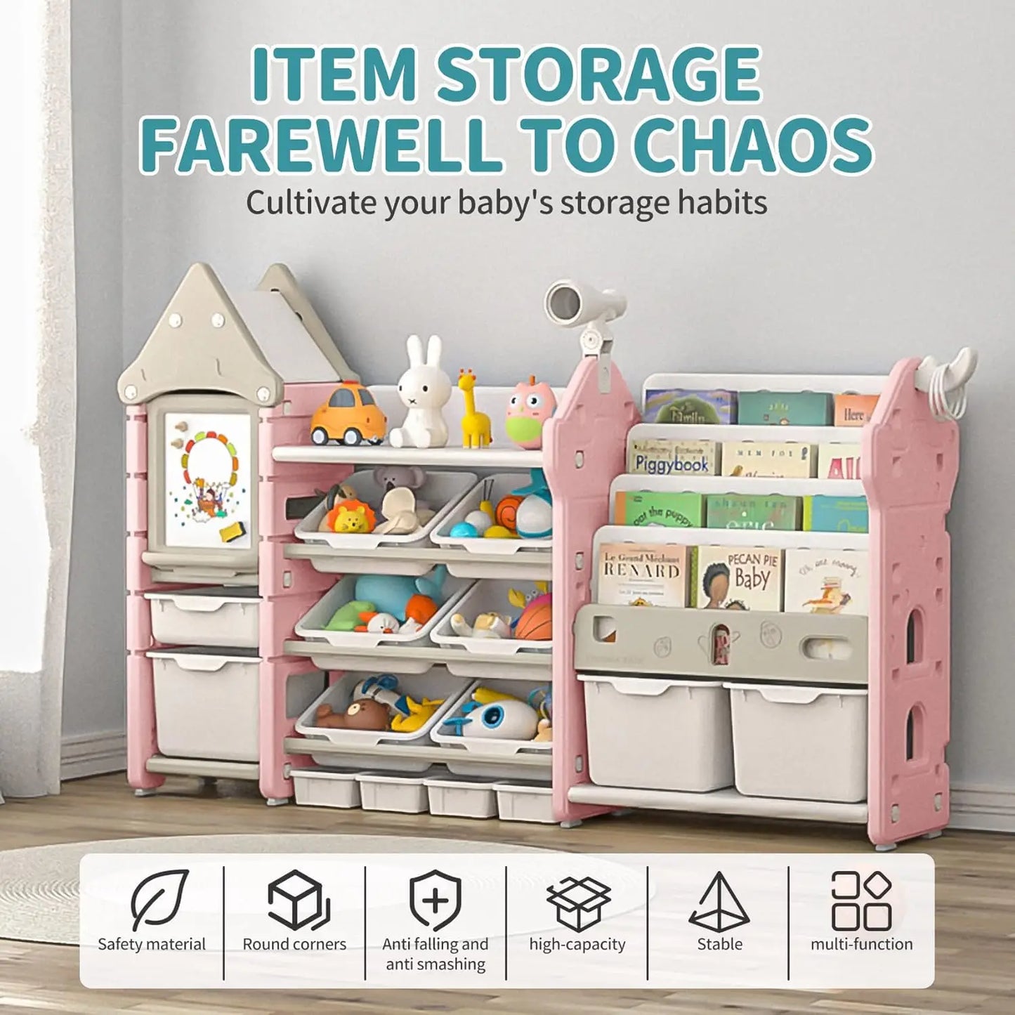 Kids Toy Organizer Bookshelf With 14 Bins And Drawers