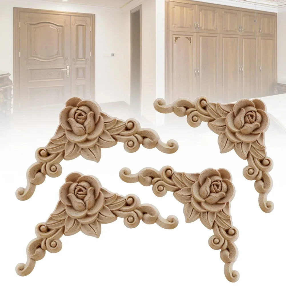 Natural Floral Wooden Figurines Decorative Carved Corner Appliques