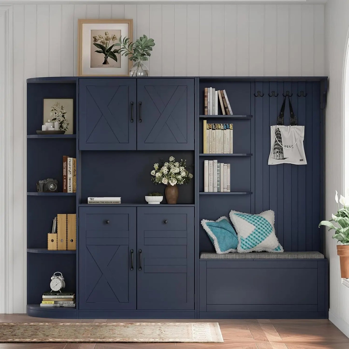 Hall Tree Storage Bench With Hooks And Shoe Organizer Cabinet Mudroom Furniture