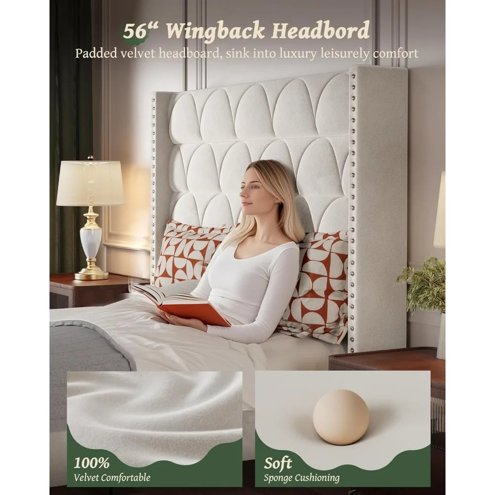 Queen Size Velvet Upholstered Wingback Bed Frame with 56 Inch Headboard