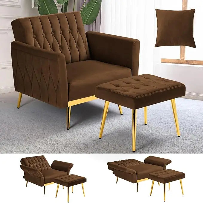 Velvet Accent Chair with Adjustable Armrests Tufted Back and Ottoman