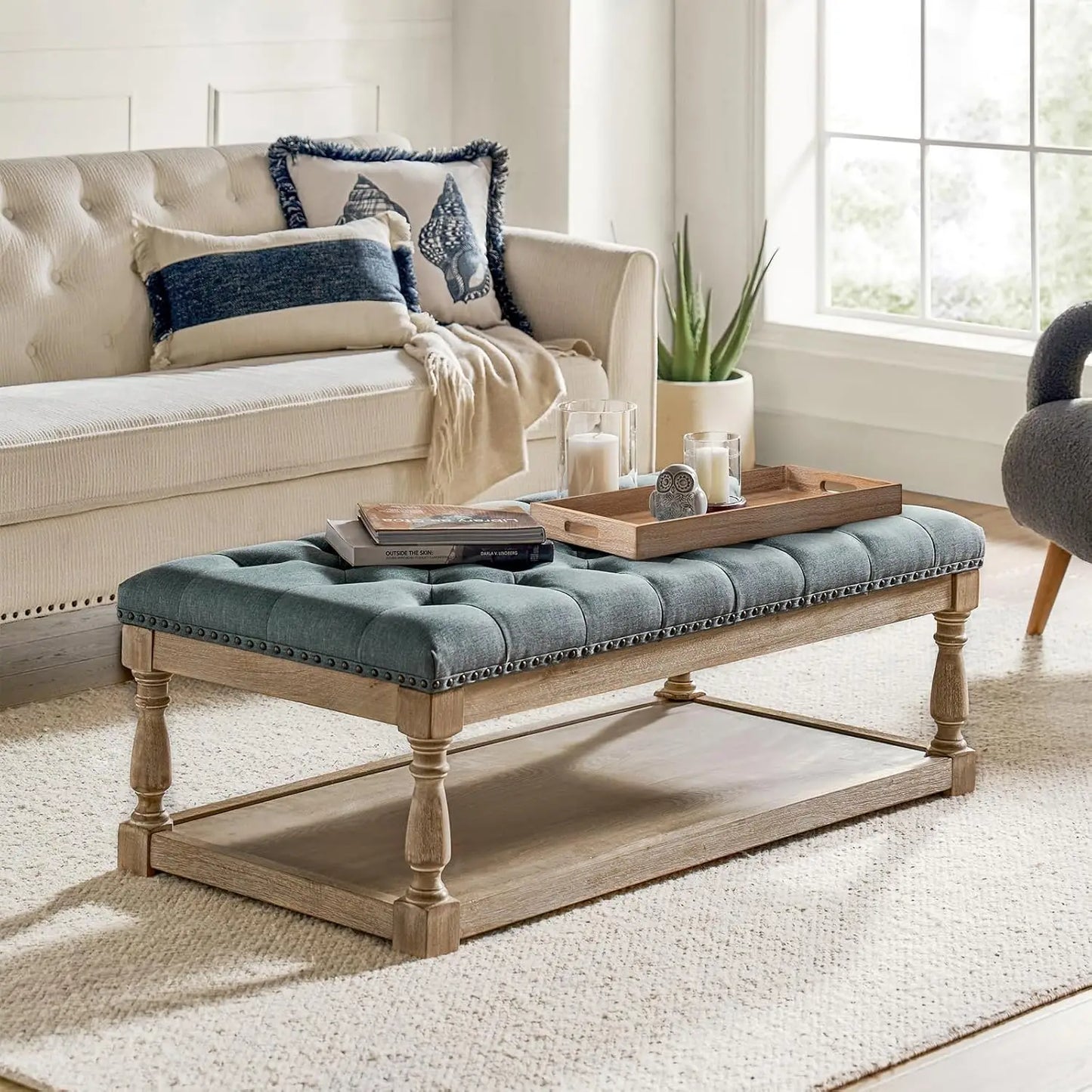Rectangle Ottoman Coffee Table With Tray And Tufted Wood Storage Shelf