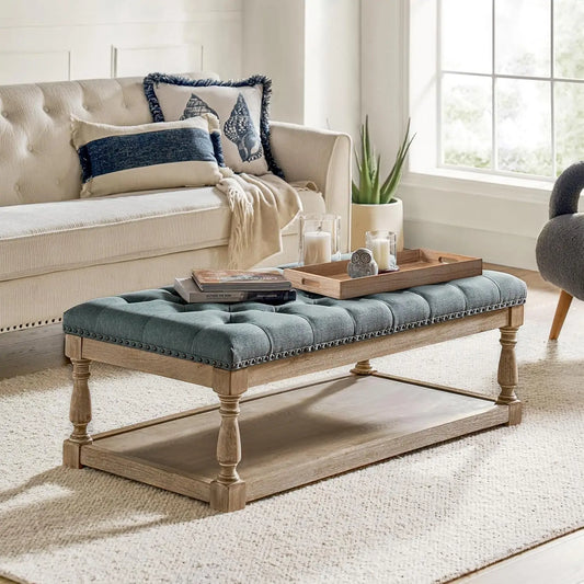 Rectangle Ottoman Coffee Table With Tray And Tufted Wood Storage Shelf