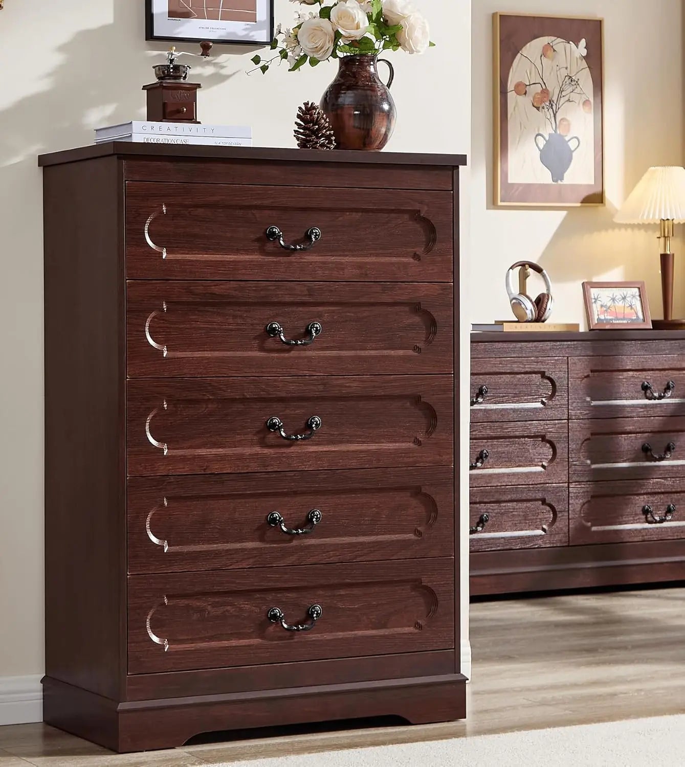 Farmhouse Cherry Wood Dresser Chest Of Drawers For Bedroom