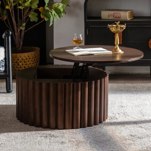 Handcrafted Round Lift Top Coffee Table With Relief Pedestal