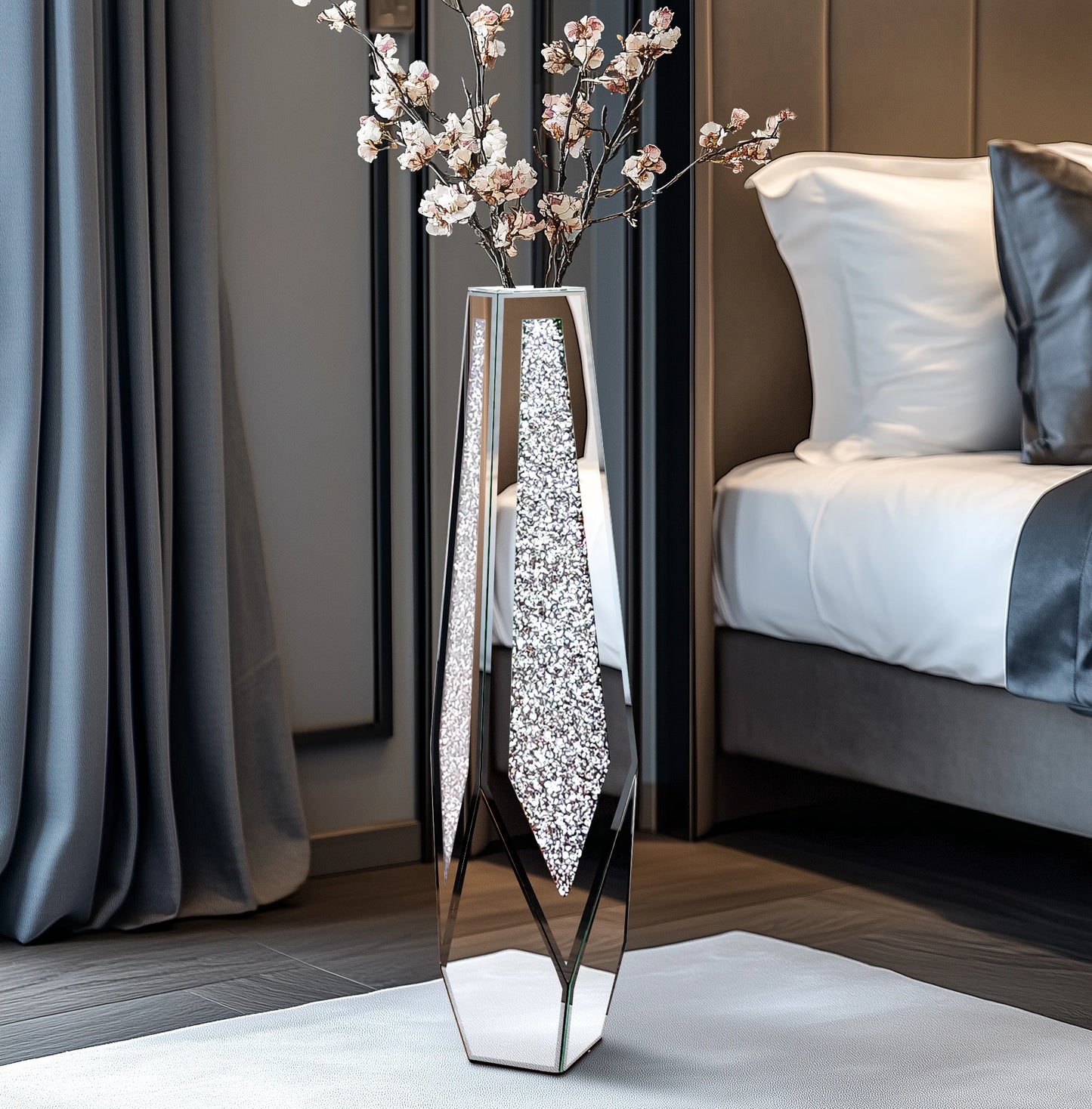 Tall Crushed Diamond Floor Vase Modern Crystal Home Decor for Living Room