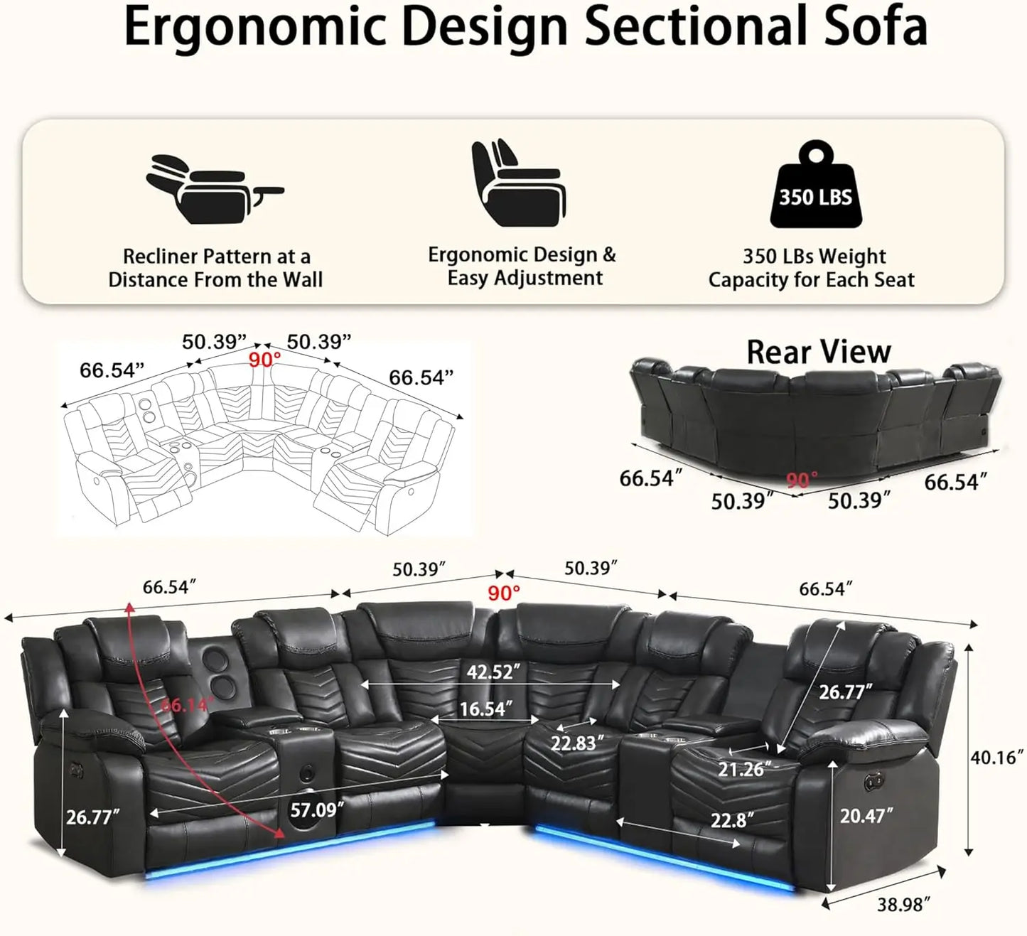 Power Couch Leather Recliner Sofa With LED USB Speaker