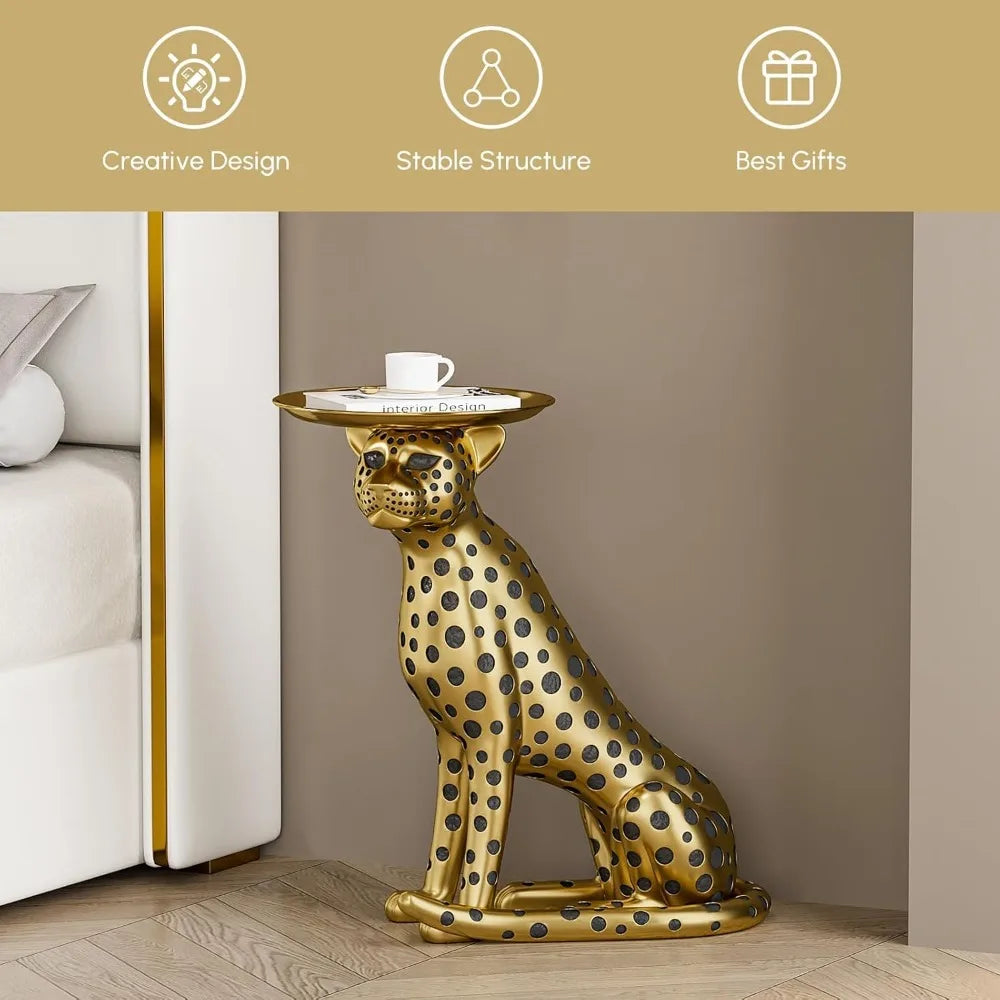 DAFIFY Animal Side Table With Tray Top Leopard Statue