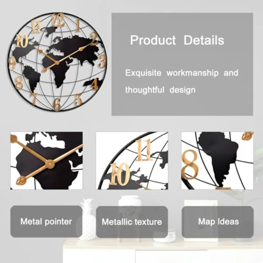 World Map Wall Clock Metal Minimalist Modern Silent Battery