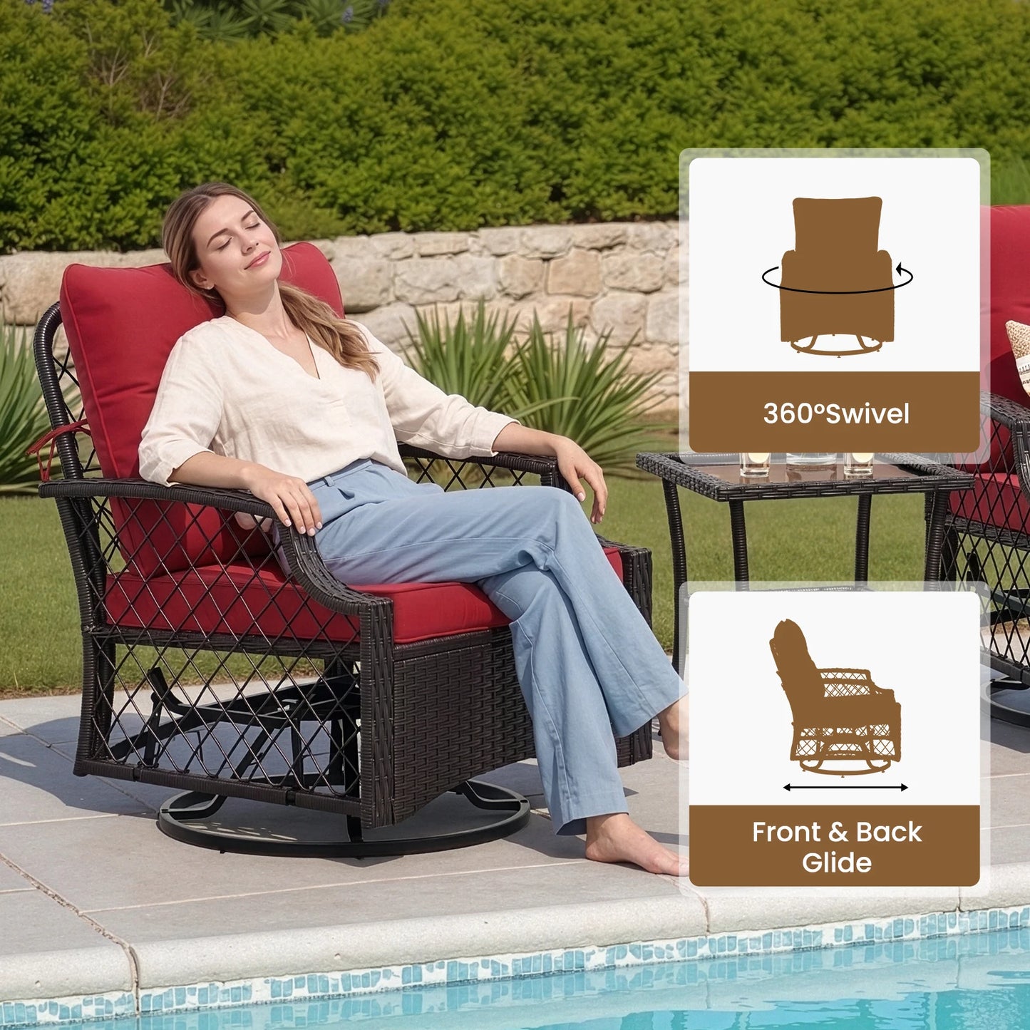 3 Piece Swivel Patio Bistro Set Outdoor Wicker Chairs