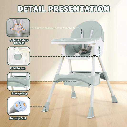 Foldable Children's Feeding Chair Adjustable Backrest High