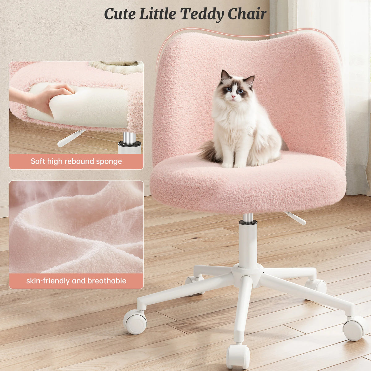 EnHomee Height Adjustable Upholstered Vanity Chair With Silent Wheels
