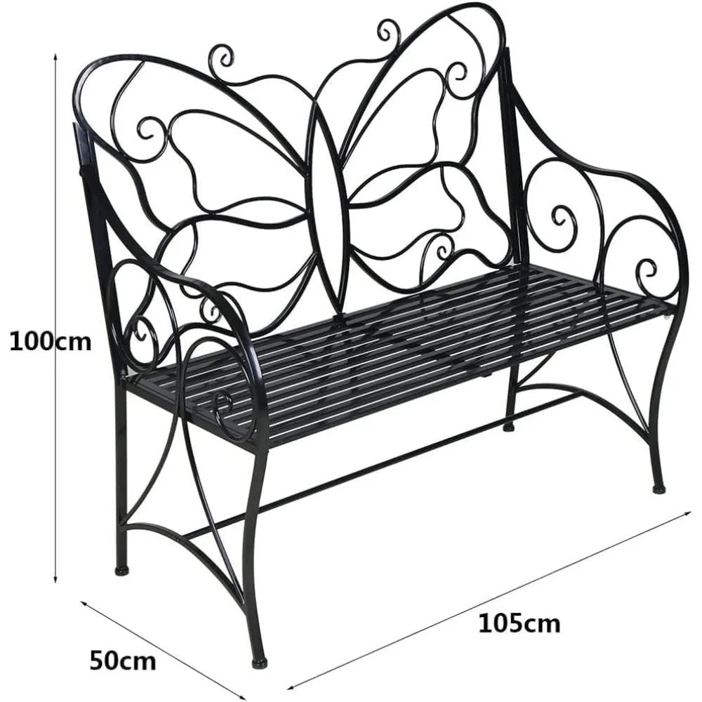 Outdoor Weatherproof Metal Garden Bench With Butterfly Backrest
