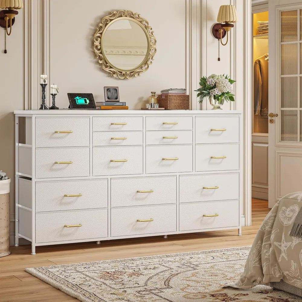 16 Drawer Dresser With Charging Station And Fabric Storage