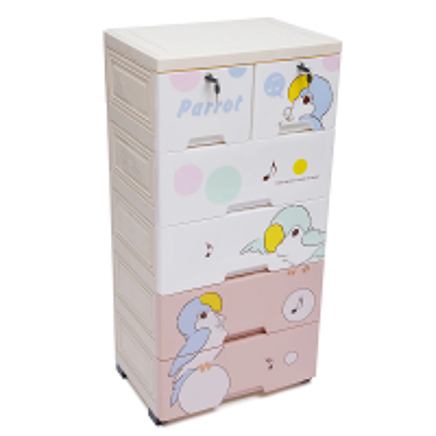 Rolling Parrot Plastic Dresser Storage Cabinet 6 Drawer With Lock