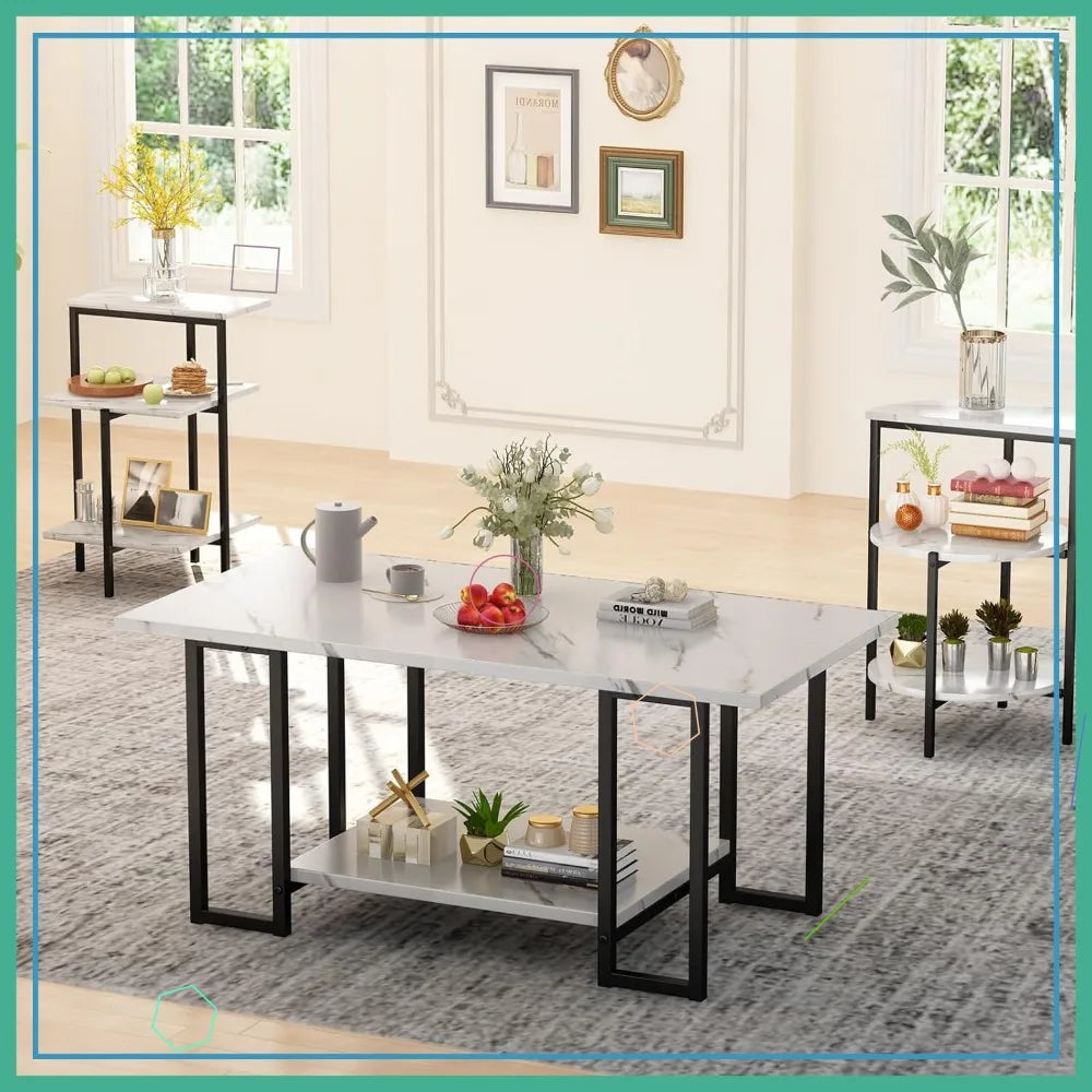 Faux Marble Coffee Table Set With Metal Frame 3-Piece