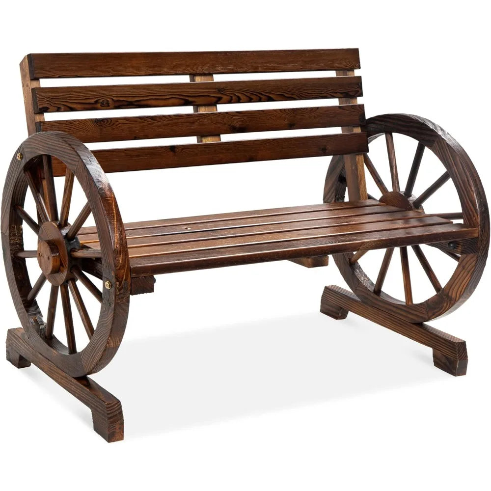 Two Person Wooden Wagon Wheel Bench for Outdoors Garden