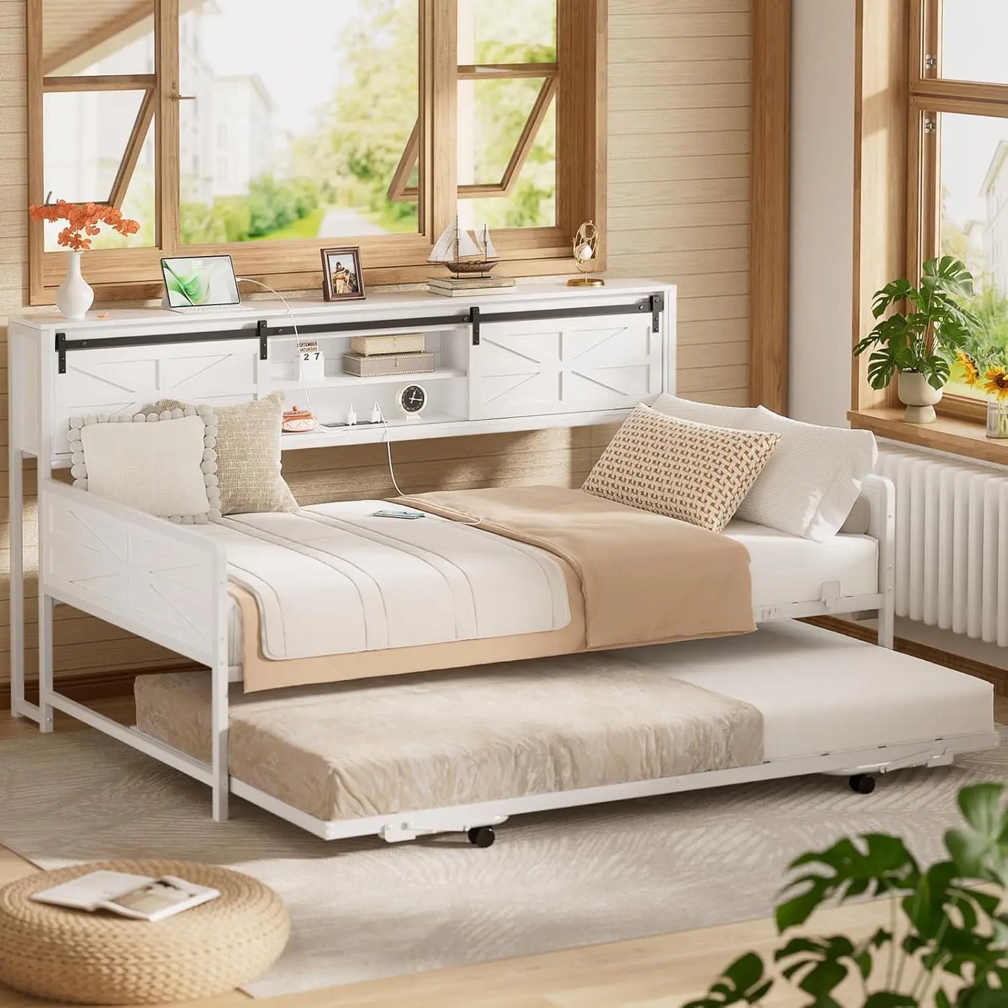 Folded Daybed With Pop Up Trundle And Bookcase Headboard