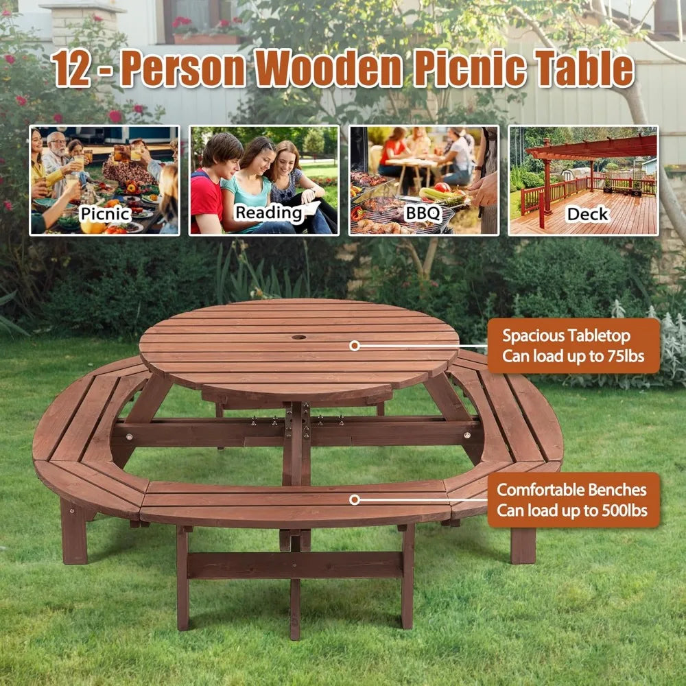 DAFIFY Solid Wood Round Picnic Table And Bench Set