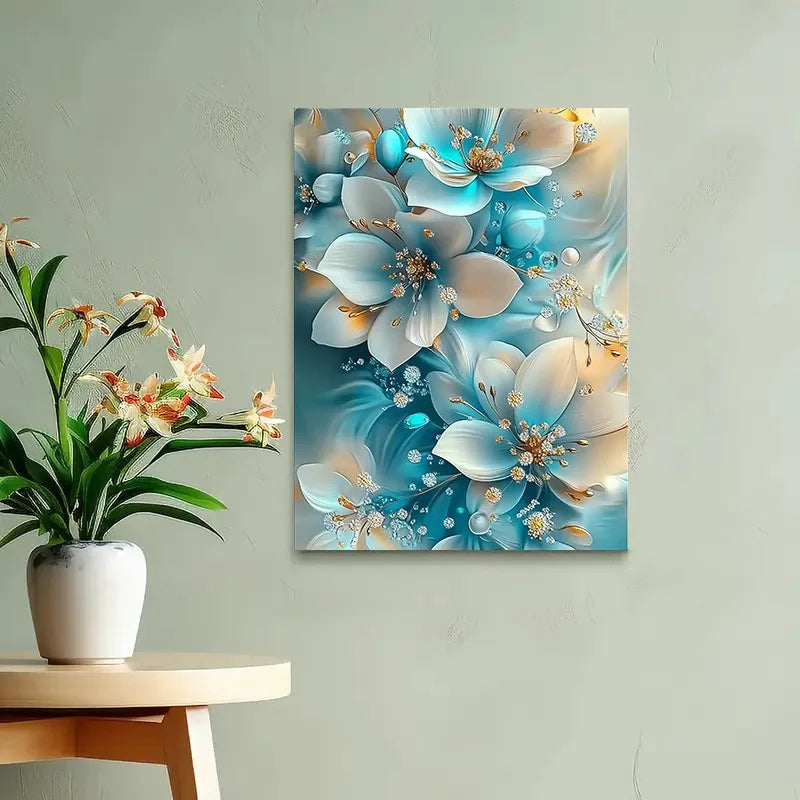Elegant Framed Oil Painting of Blue and White Flowers with Gold Accents