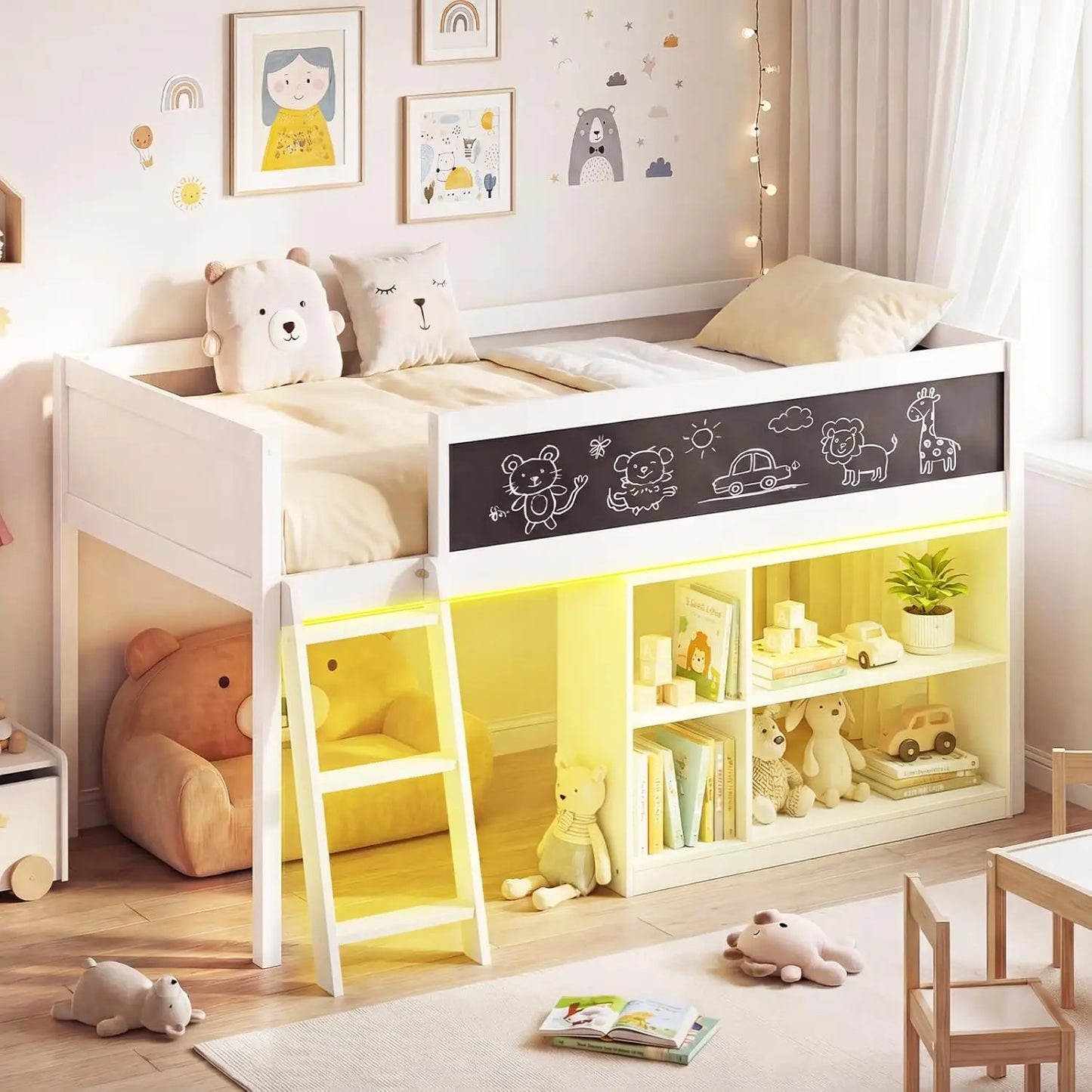 Wood Loft Bed With LED Lights Chalkboard Under-Bed Storage