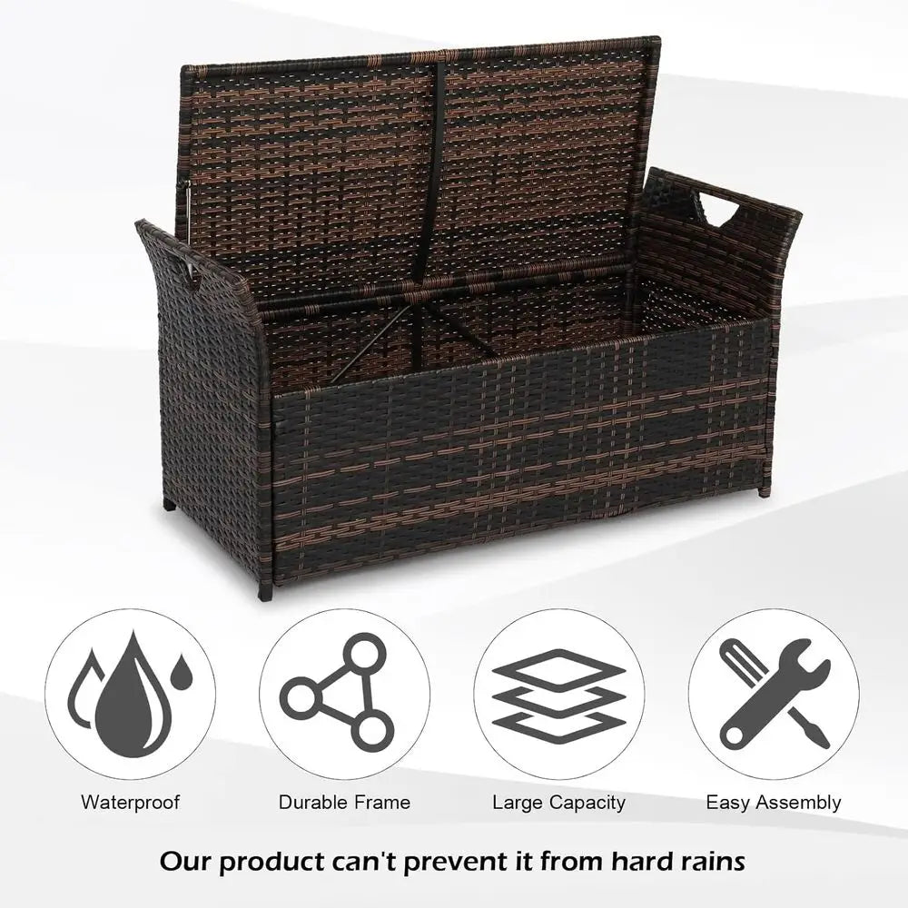 Wicker Storage Bench Cushion Box For Patio And Garden