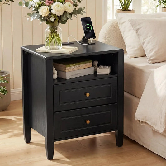 Modern Wooden Nightstand With Charging Station And Double Drawers